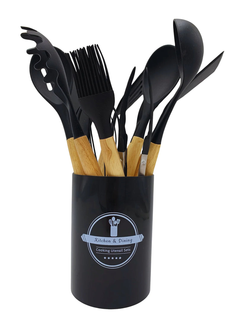 Kit 12 Utensílios de Cozinha em Silicone e Cabo de Madeira