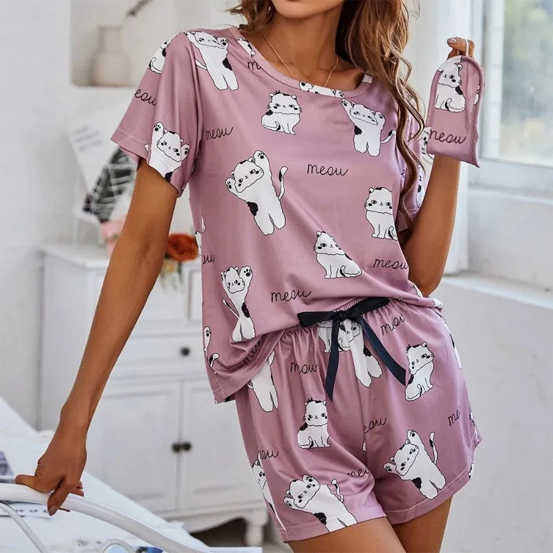 Conjunto de Pijamas Femininos com Estampa de Desenho Animado - Conforto e Charme em Cada Noite!